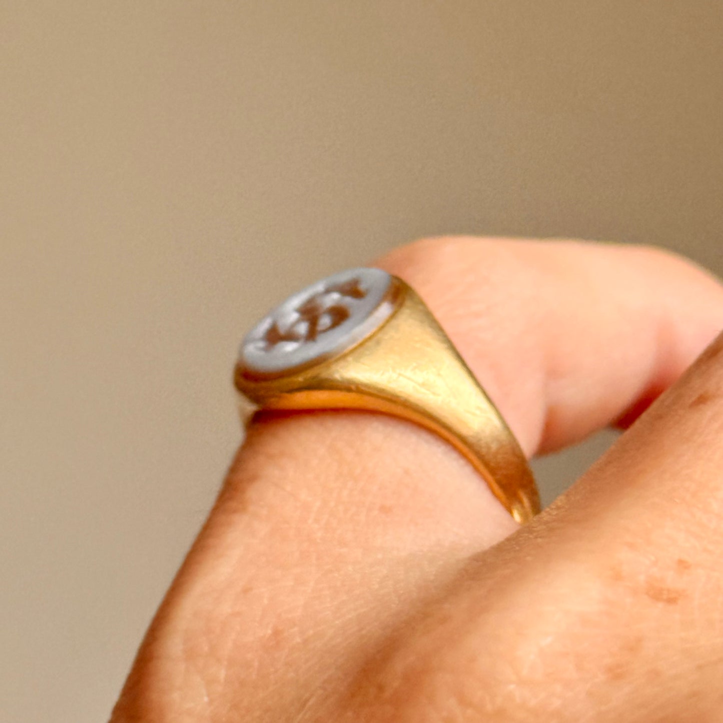 Victorian Sardonyx Signet ring in 18 Carat Gold; Circa 1868