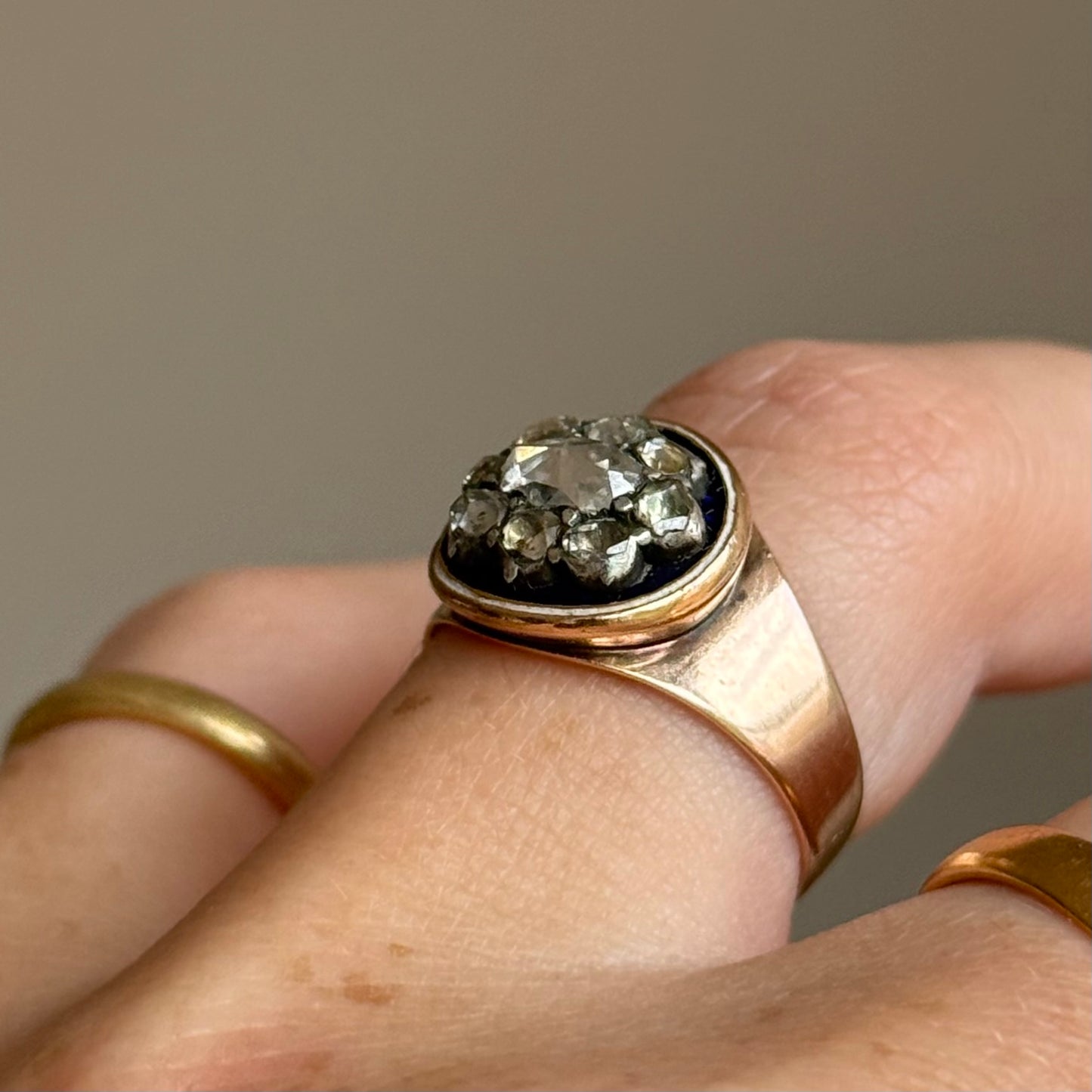 Georgian Rose Cut Diamond & Enamel Cluster Ring, Circa 1830