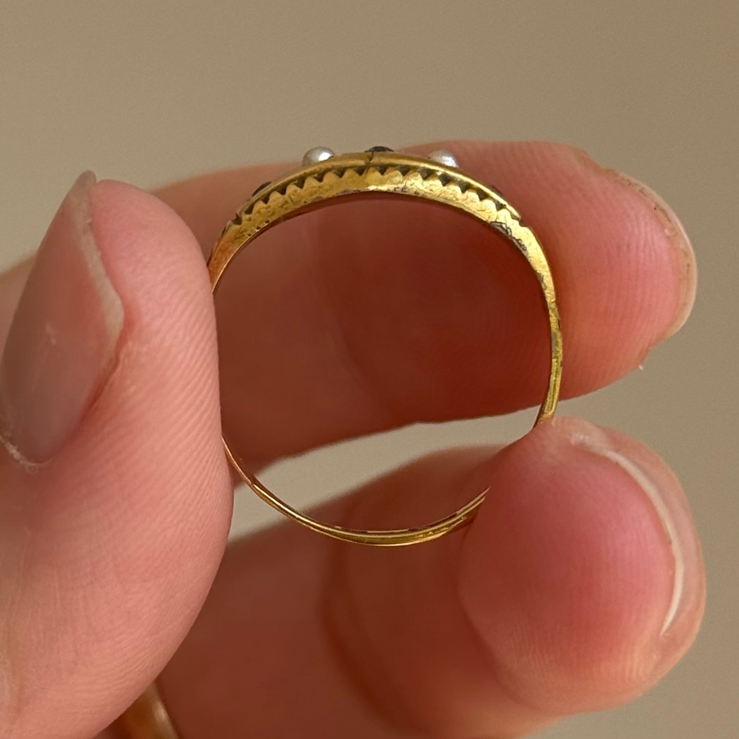 Antique Sapphire & Pearl Ring in 9 Carat Gold; Circa 1900