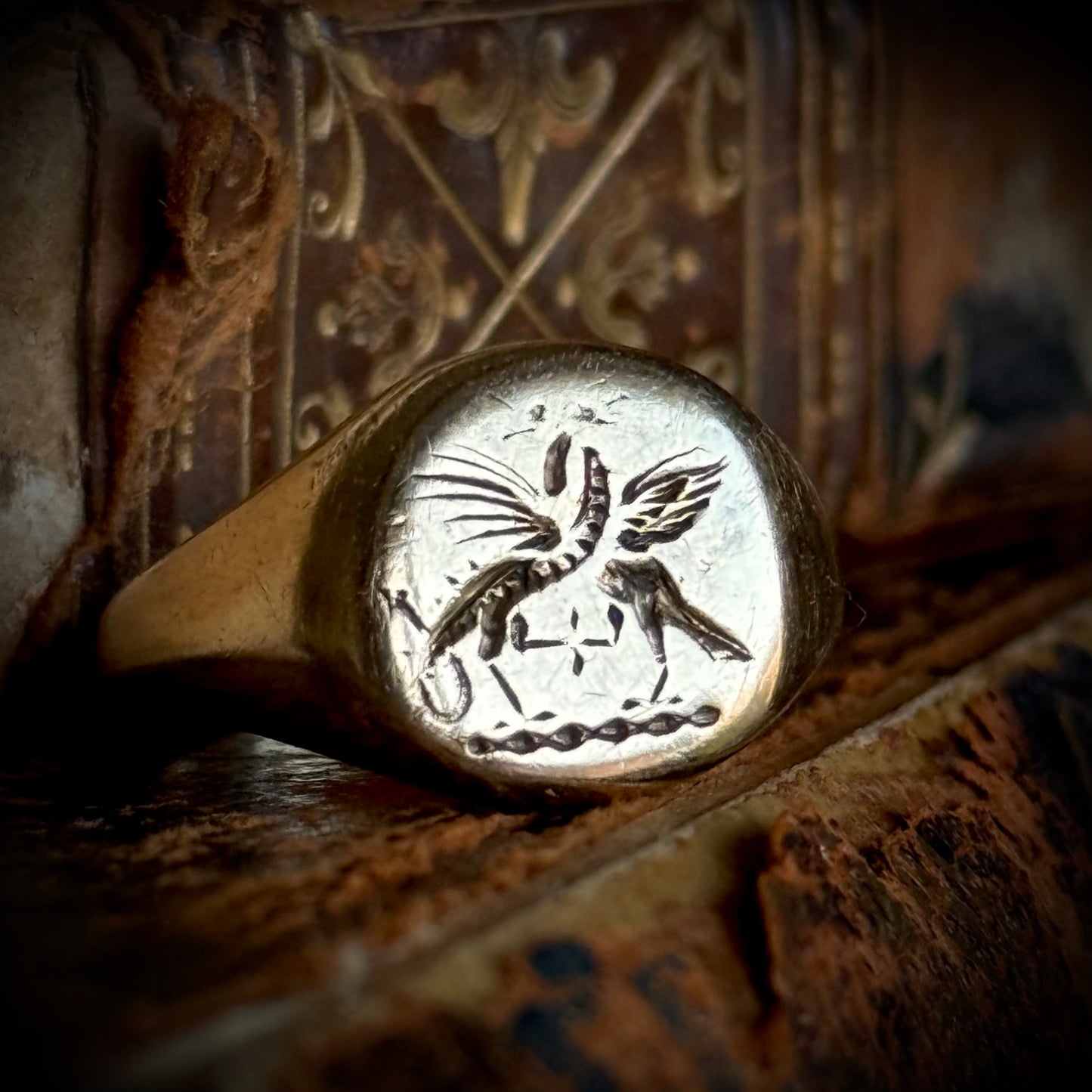Vintage Duelling Dragons Signet Ring in 9 Carat Gold; Circa 1980