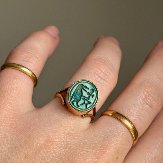 Antique Glazed Egyptian God Faience Ring in 9 Carat Gold