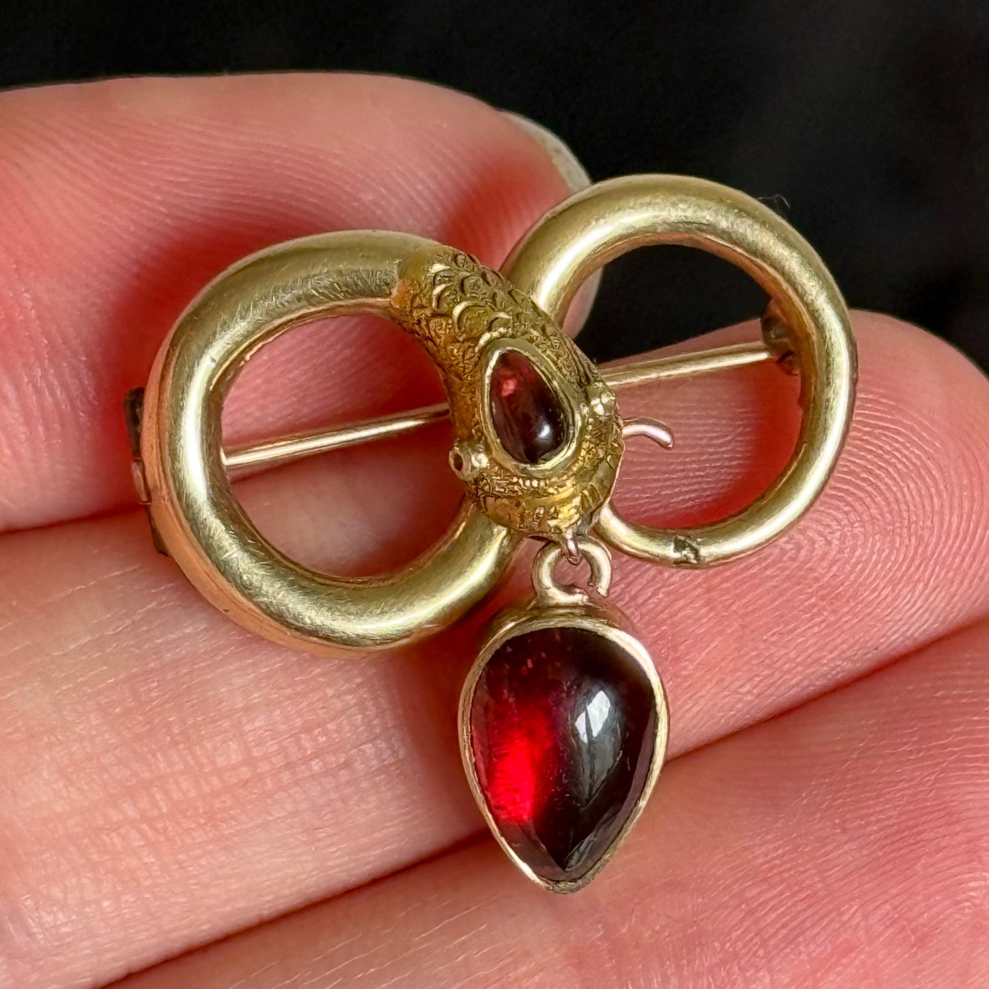 Antique Victorian Garnet Snake Mourning Brooch; Circa 1860