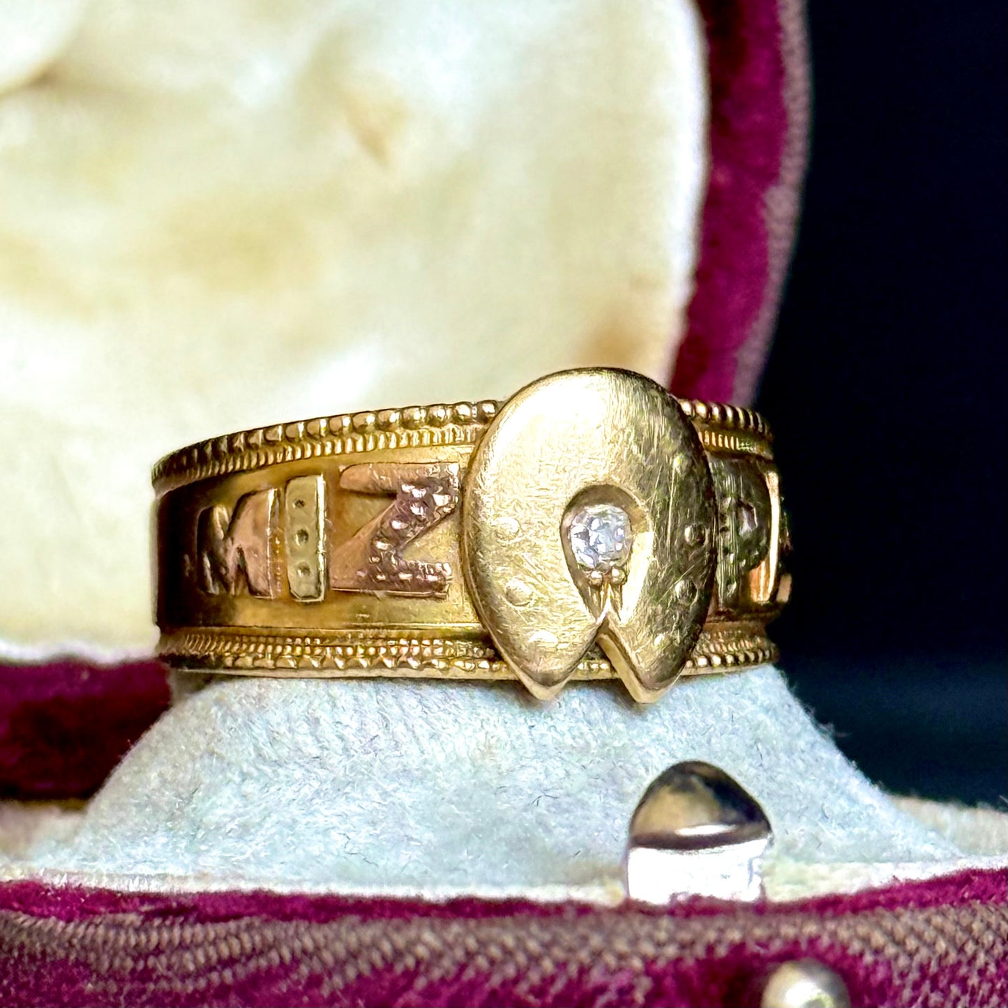 Victorian Diamond Mizpah Ring in 18 Carat Gold; Circa 1886