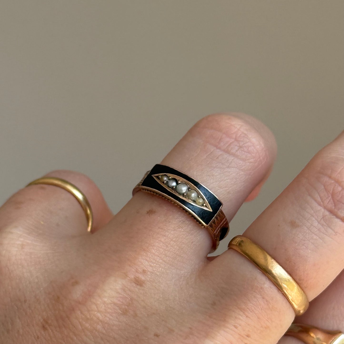 Antique Enamel & Pearl Mourning Ring in 9 Carat Gold; Circa 1906