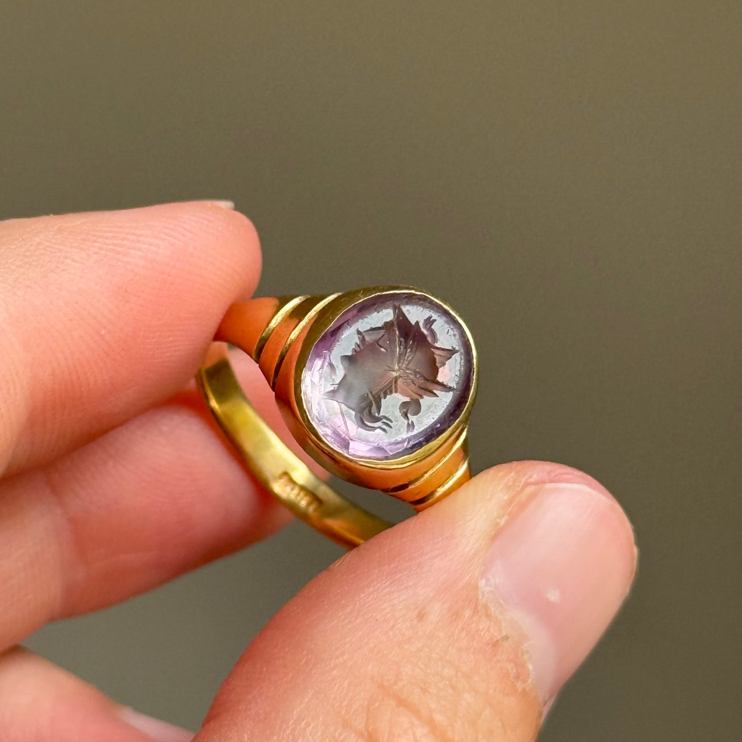 Antique Amethyst Intaglio Ring in 18 Carat Gold; Circa 1900