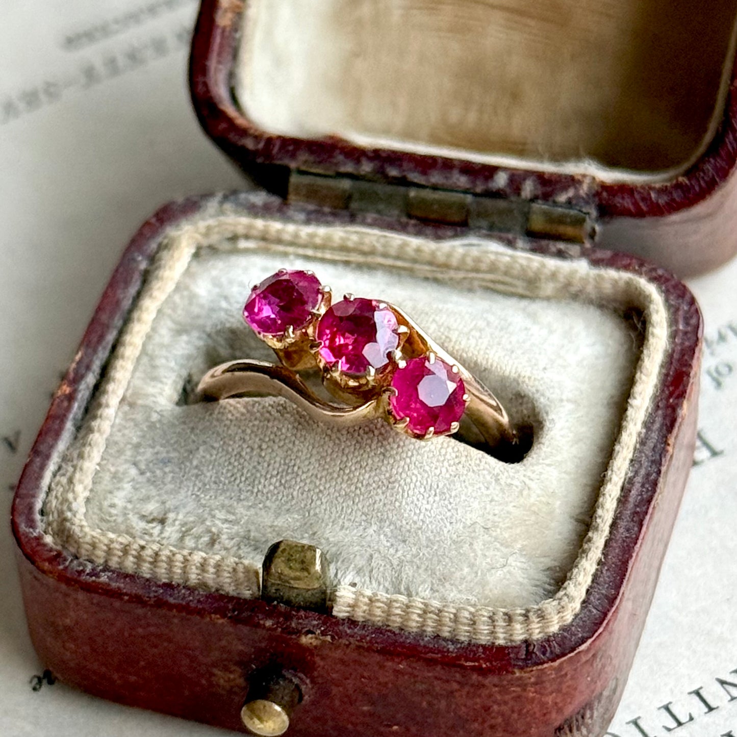 Edwardian Old Cut Ruby Trilogy in 9 Carat Gold; Circa 1910