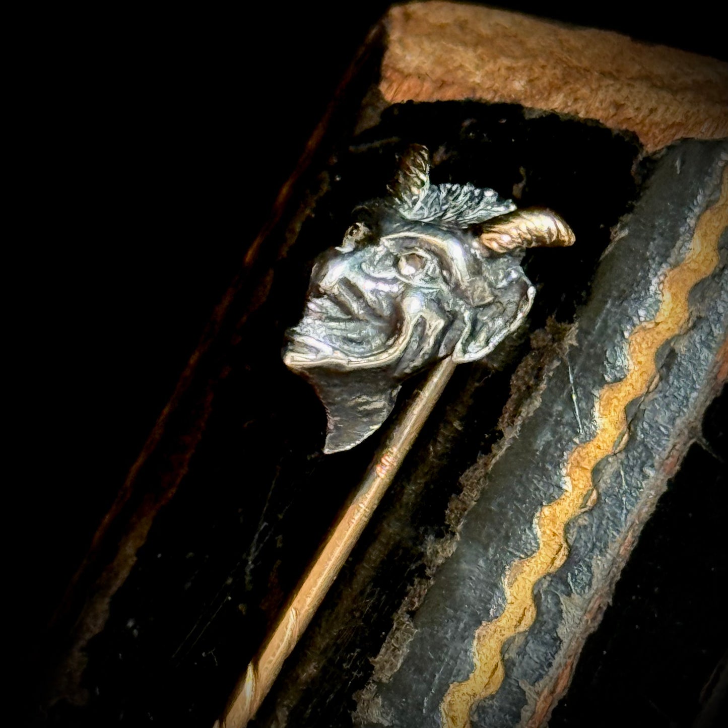 Rare Victorian Devil’s Head Tie Pin with Rose Cut Diamonds in Box Circa 1870