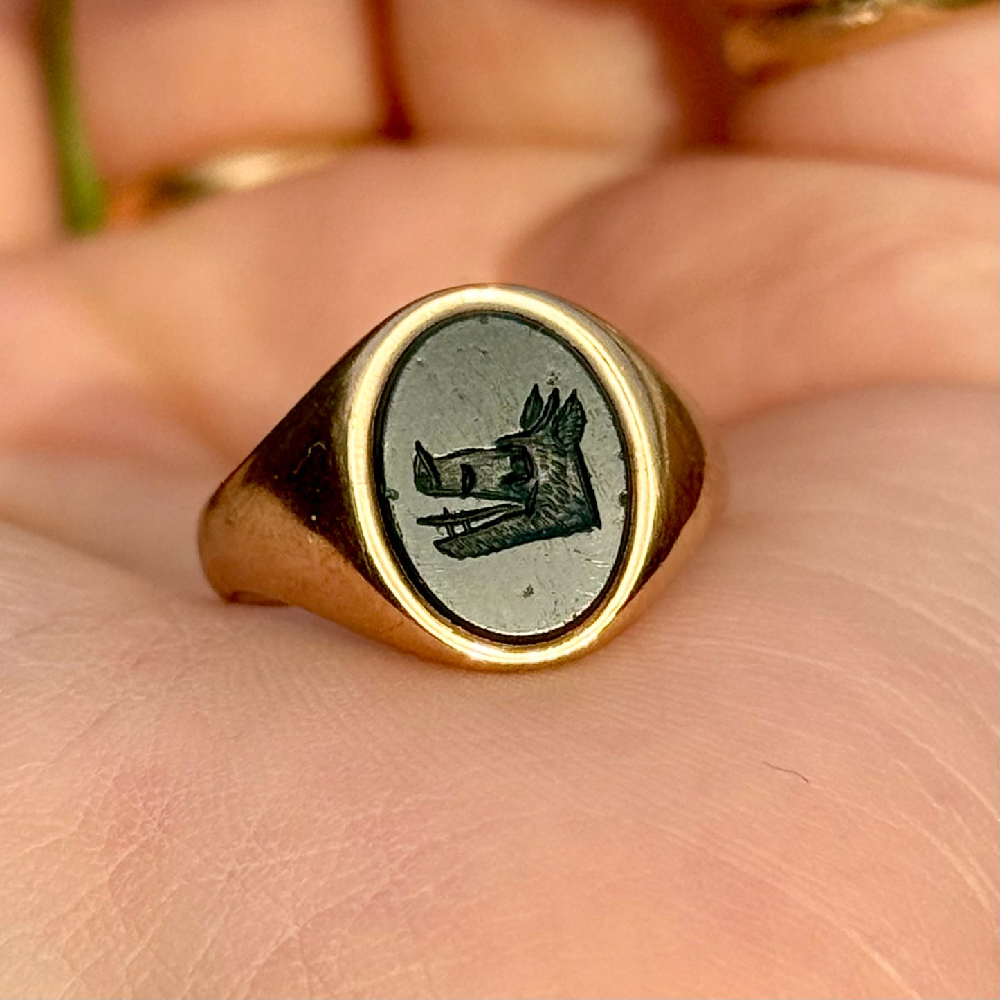 Bloodstone Boars Head Signet Ring in 9 Carat Gold, Circa 1936