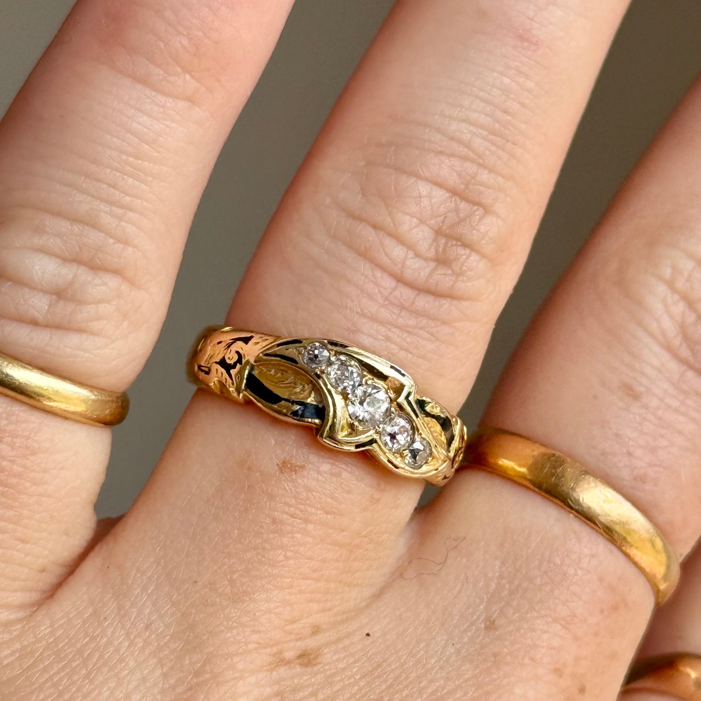 Antique Diamond & Enamel Mourning Ring in 18 Carat Gold; Circa 1879