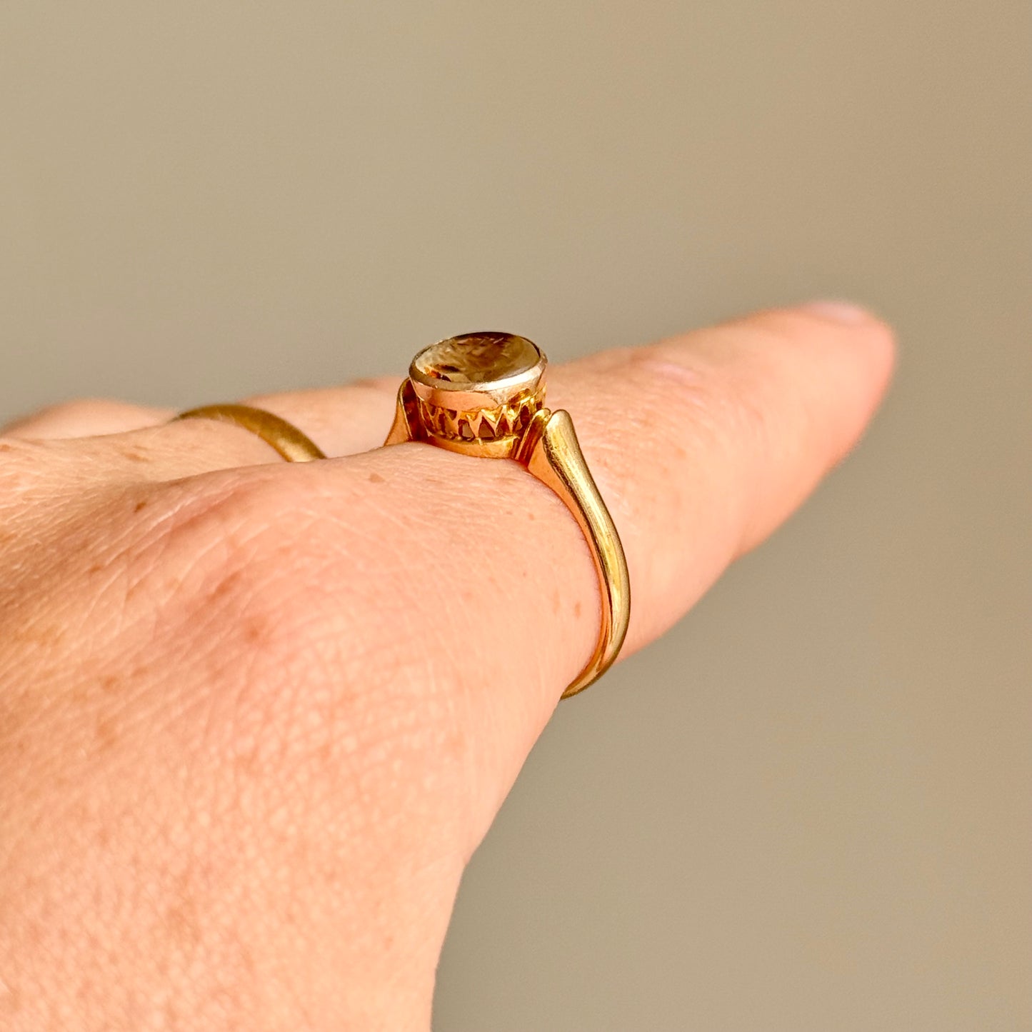 Edwardian Citrine Ship Intaglio Ring in 18 Carat Gold; Circa 1907