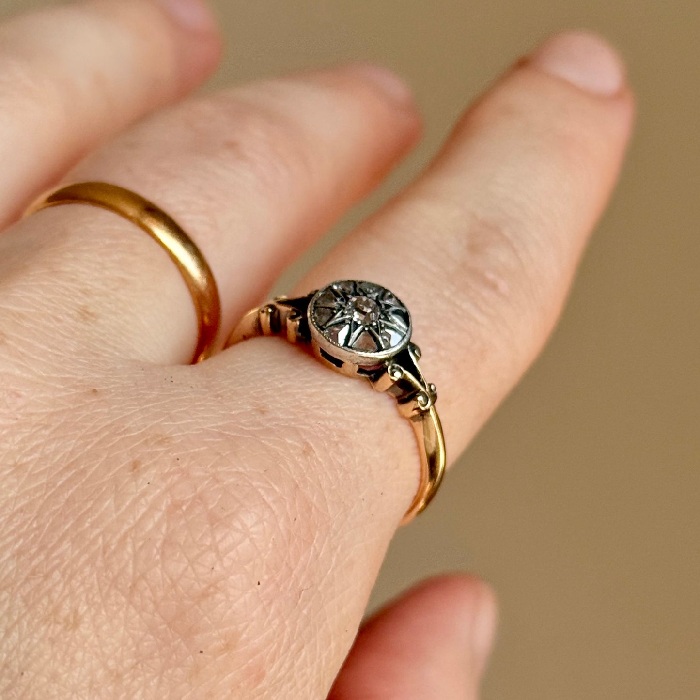 Antique Rose Cut Diamond Cluster Ring in 18 Carat Gold; Circa 1880
