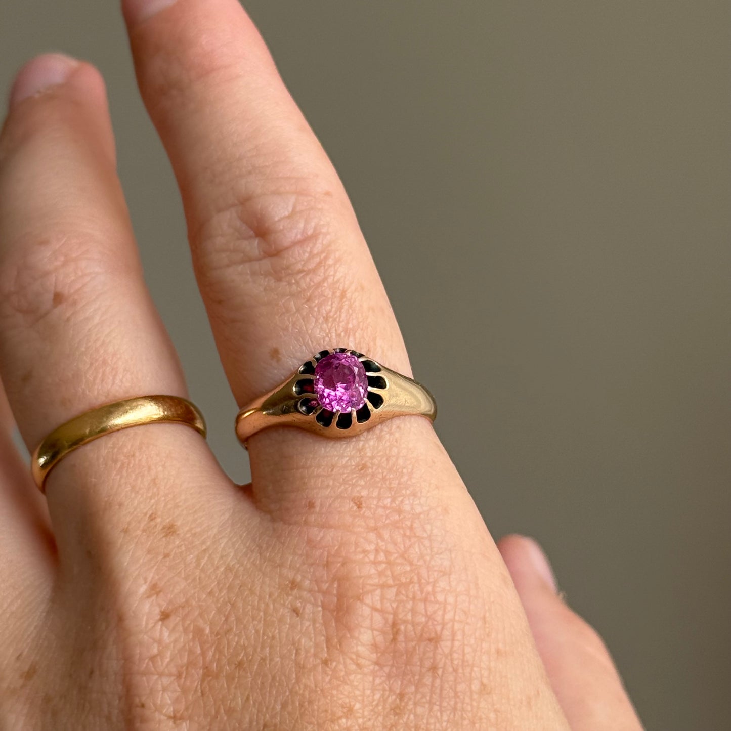 Large Old Cut Pink Sapphire Ring in 9 Carat Rose Gold; Circa 1890