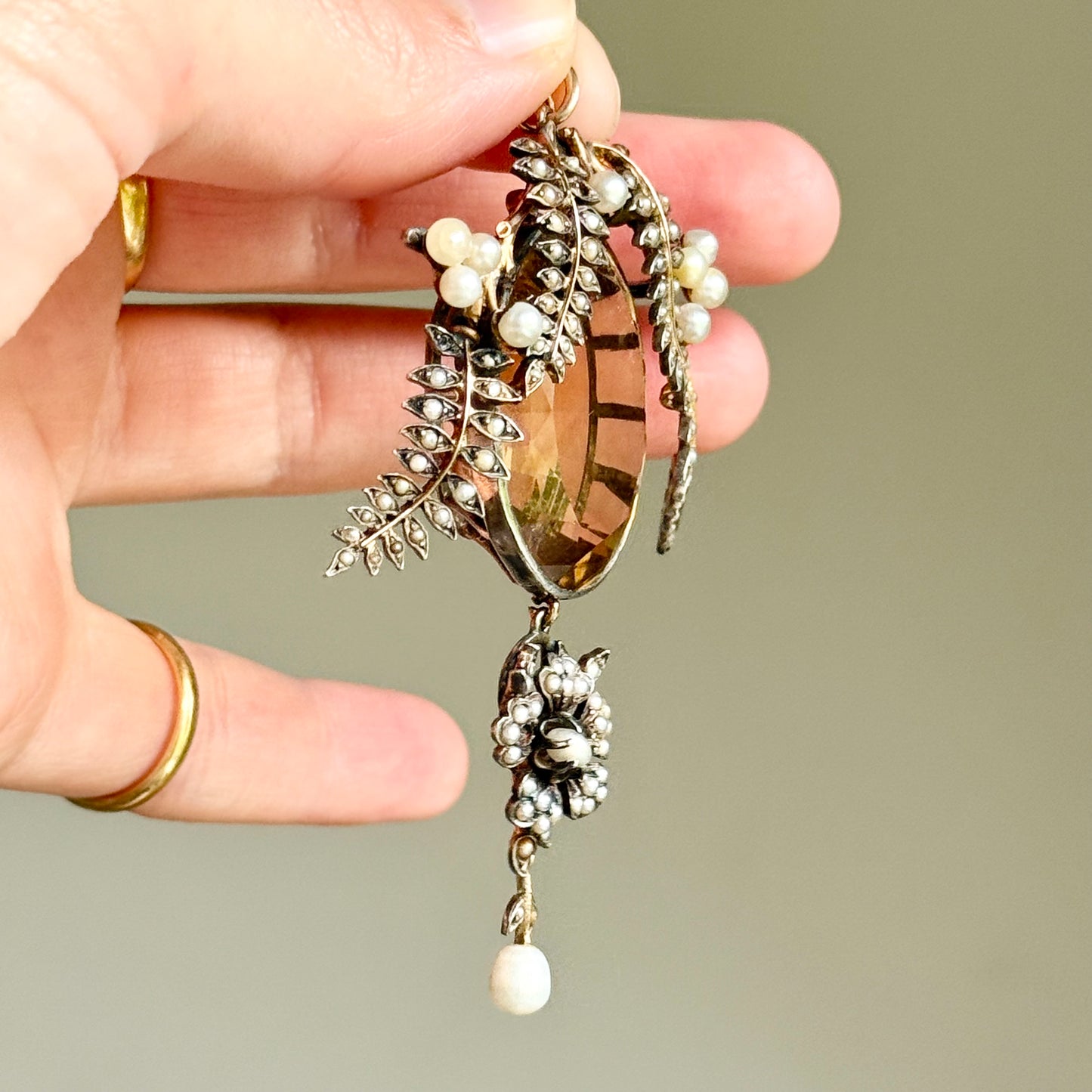 Antique Citrine & Pearl Pendant in Silver & Gold