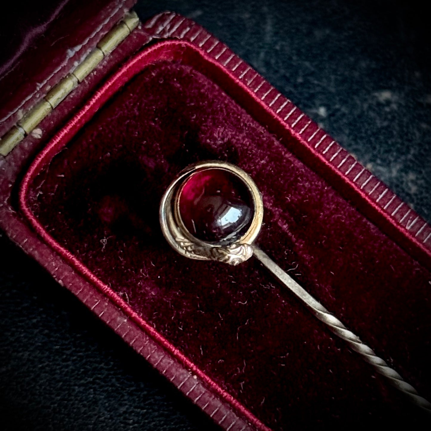 Boxed Antique Victorian Snake Garnet Pin; Circa 1860