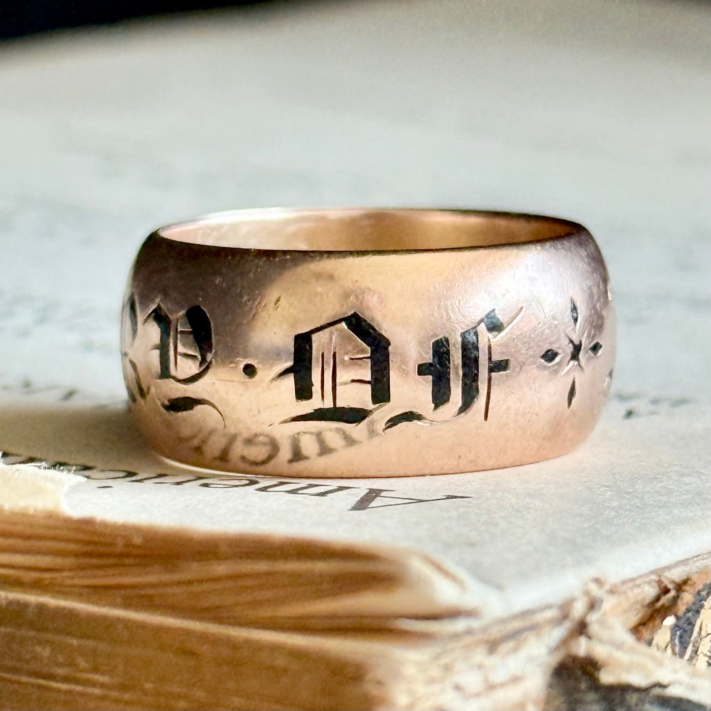 Antique Enamel Mourning Ring in 9 Carat Rose Gold; Circa 1902