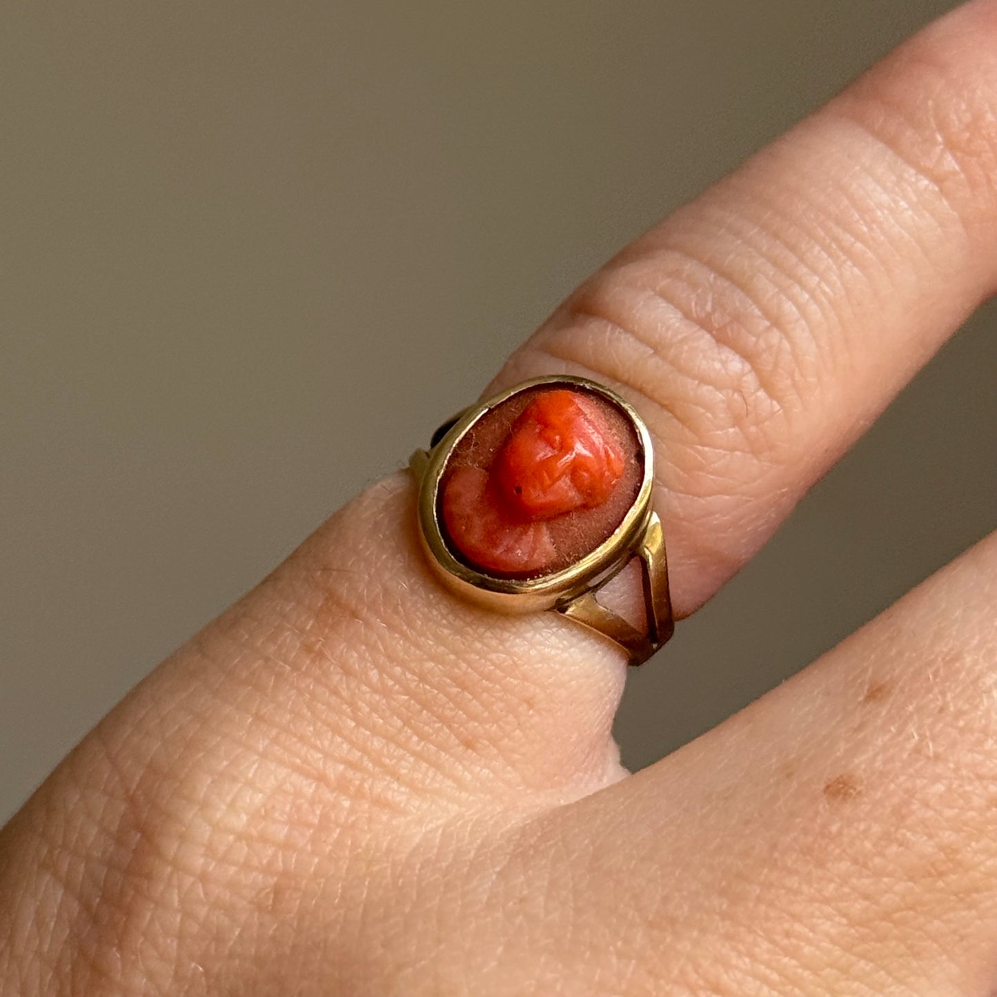 Early Victorian Coral Cameo Ring in 9 Carat Gold; Circa 1830
