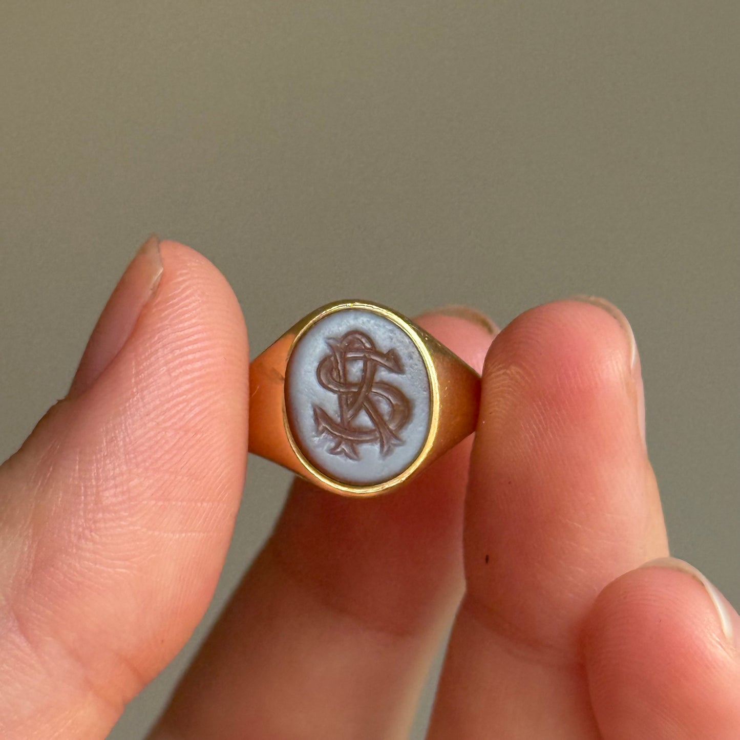 Victorian Sardonyx Signet ring in 18 Carat Gold; Circa 1868