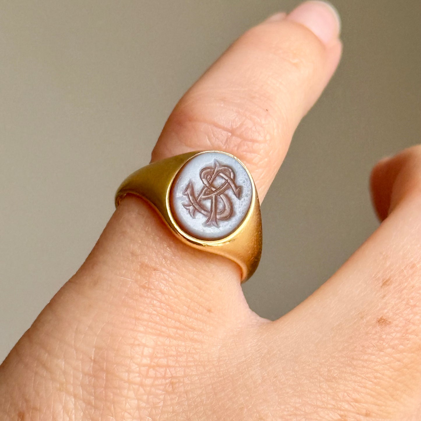 Victorian Sardonyx Signet ring in 18 Carat Gold; Circa 1868