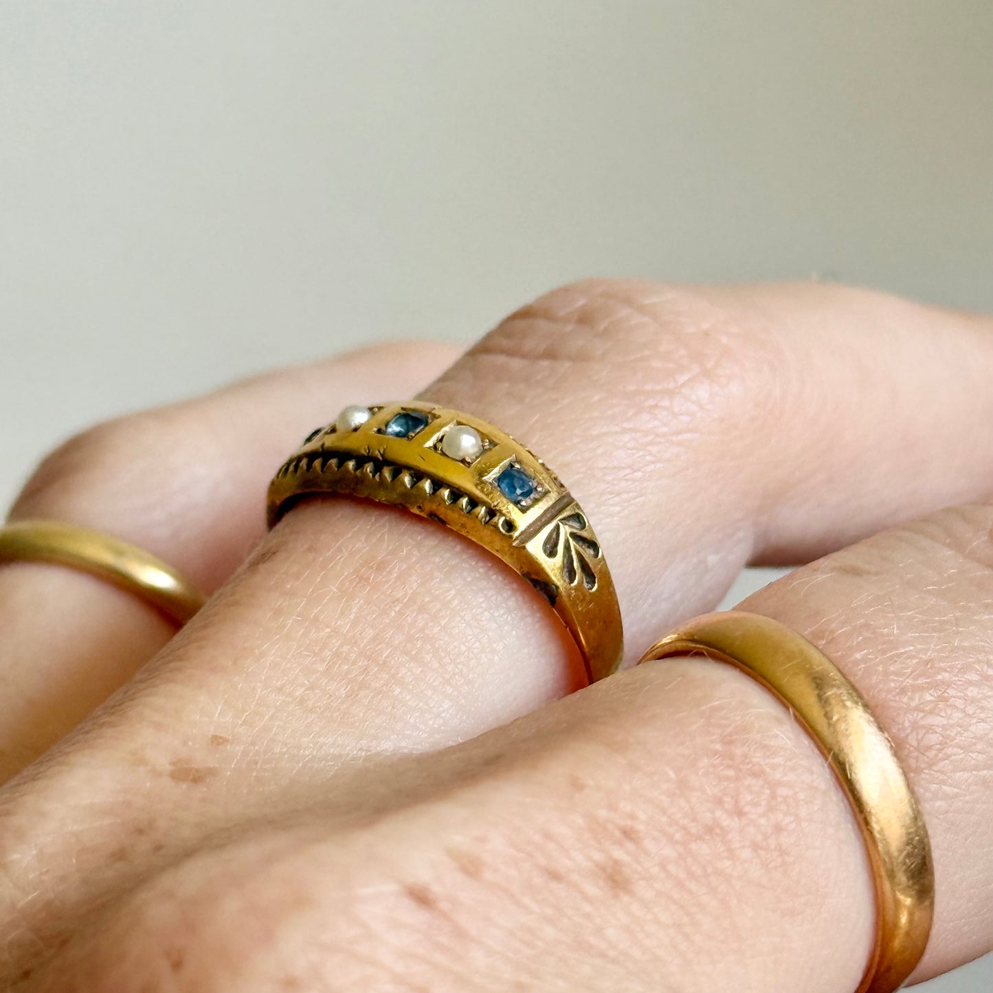 Antique Sapphire & Pearl Ring in 9 Carat Gold; Circa 1900