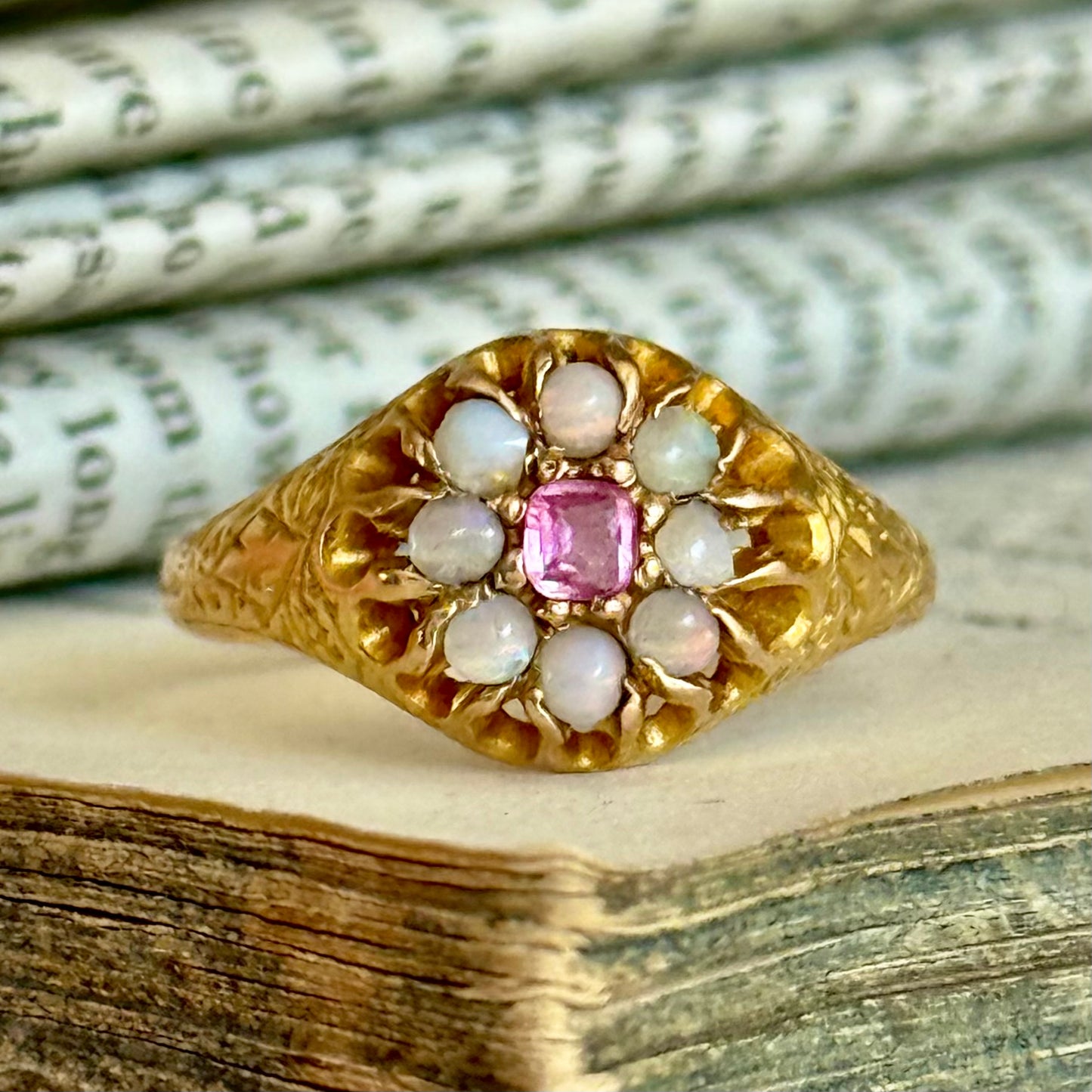 Antique Ruby & Opal Cluster Ring in 15 Carat Gold; Circa 1880