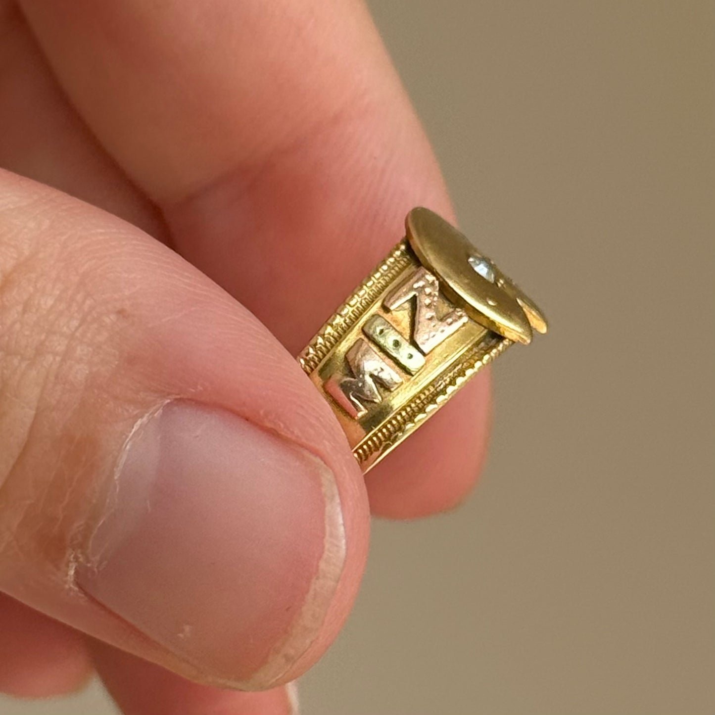 Victorian Diamond Mizpah Ring in 18 Carat Gold; Circa 1886