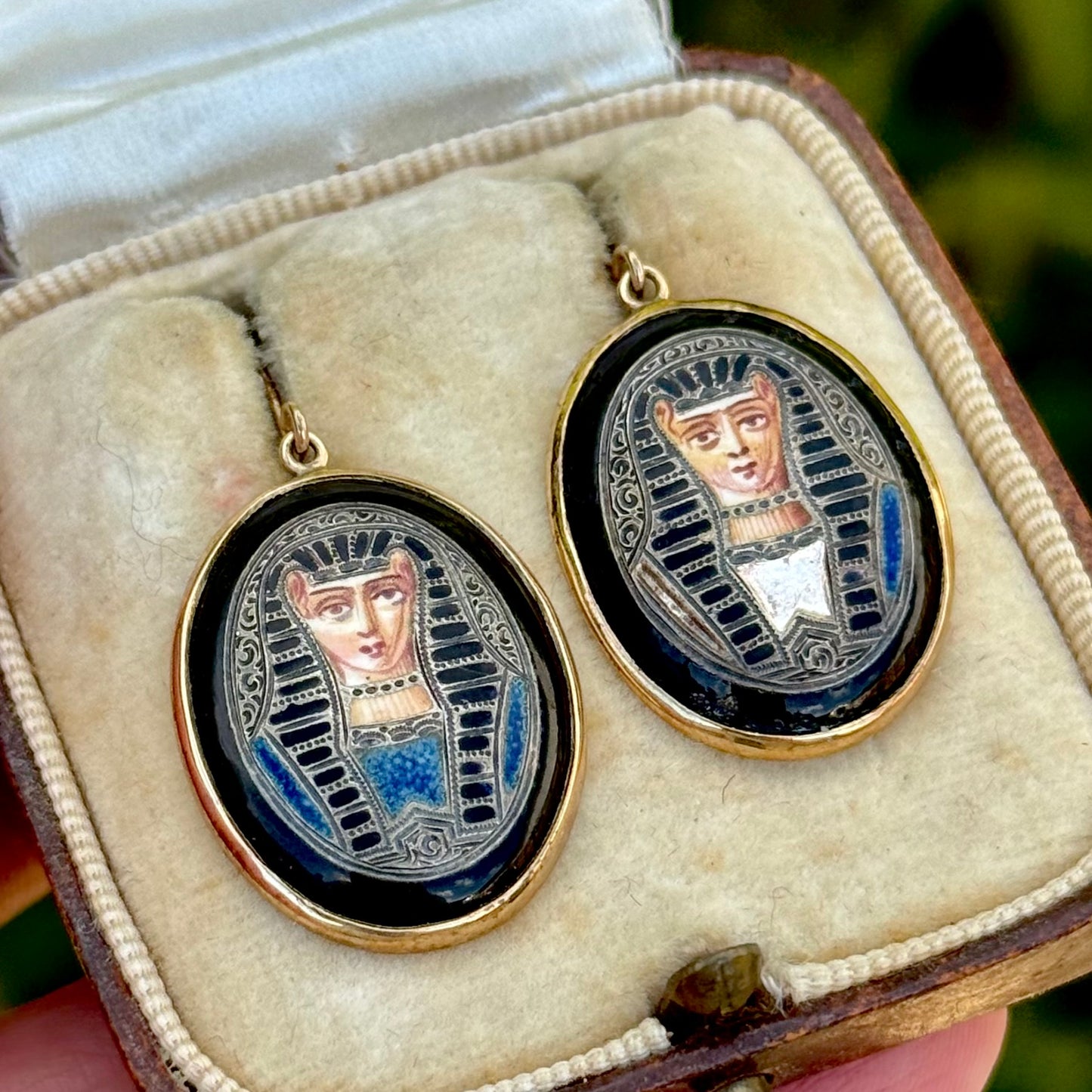 Antique Egyptian Revival Enamel Pharaoh Earrings in 14 Carat Gold