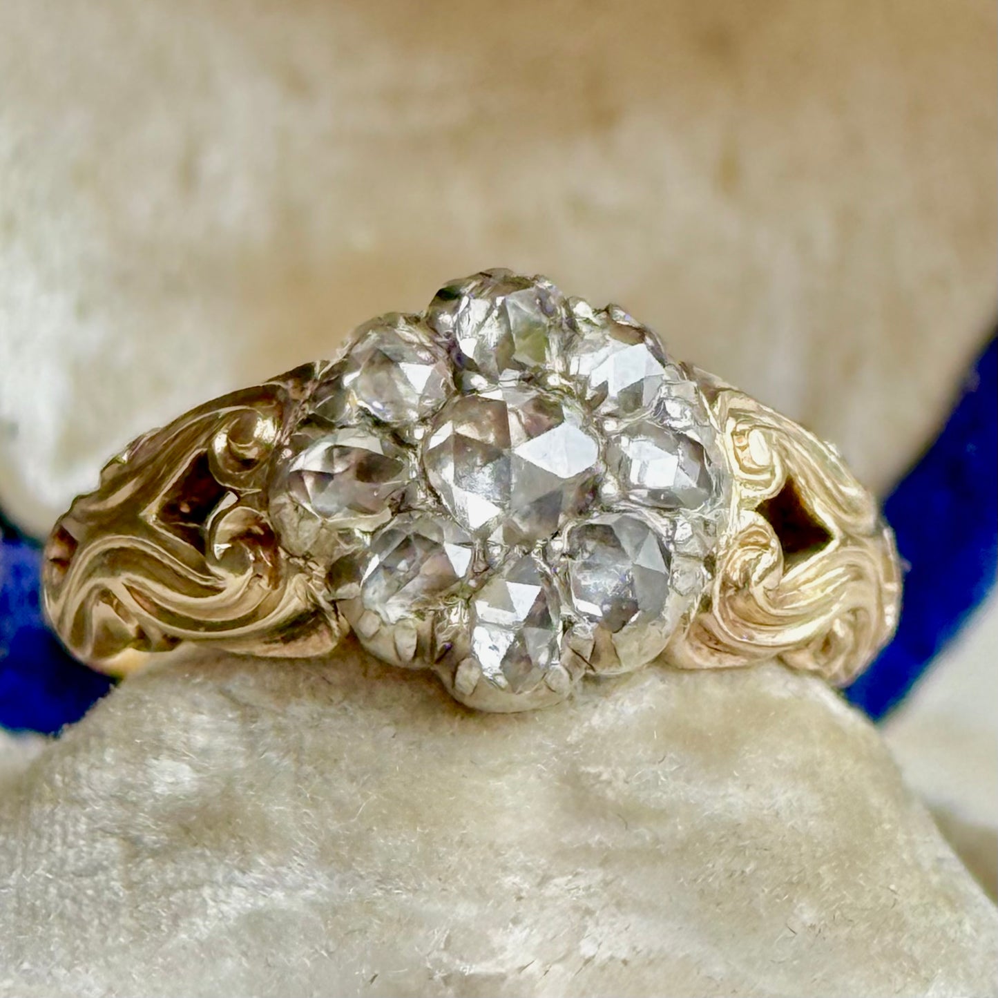 Victorian Rose Cut Diamond Cluster Ring in 15 Carat Gold, Circa 1860