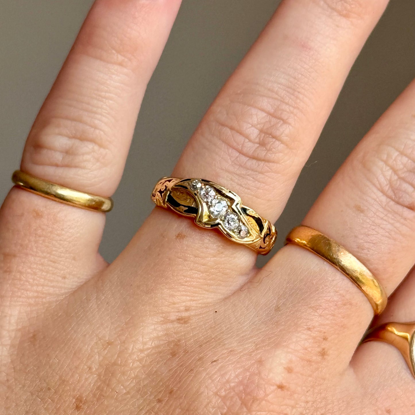 Antique Diamond & Enamel Mourning Ring in 18 Carat Gold; Circa 1879