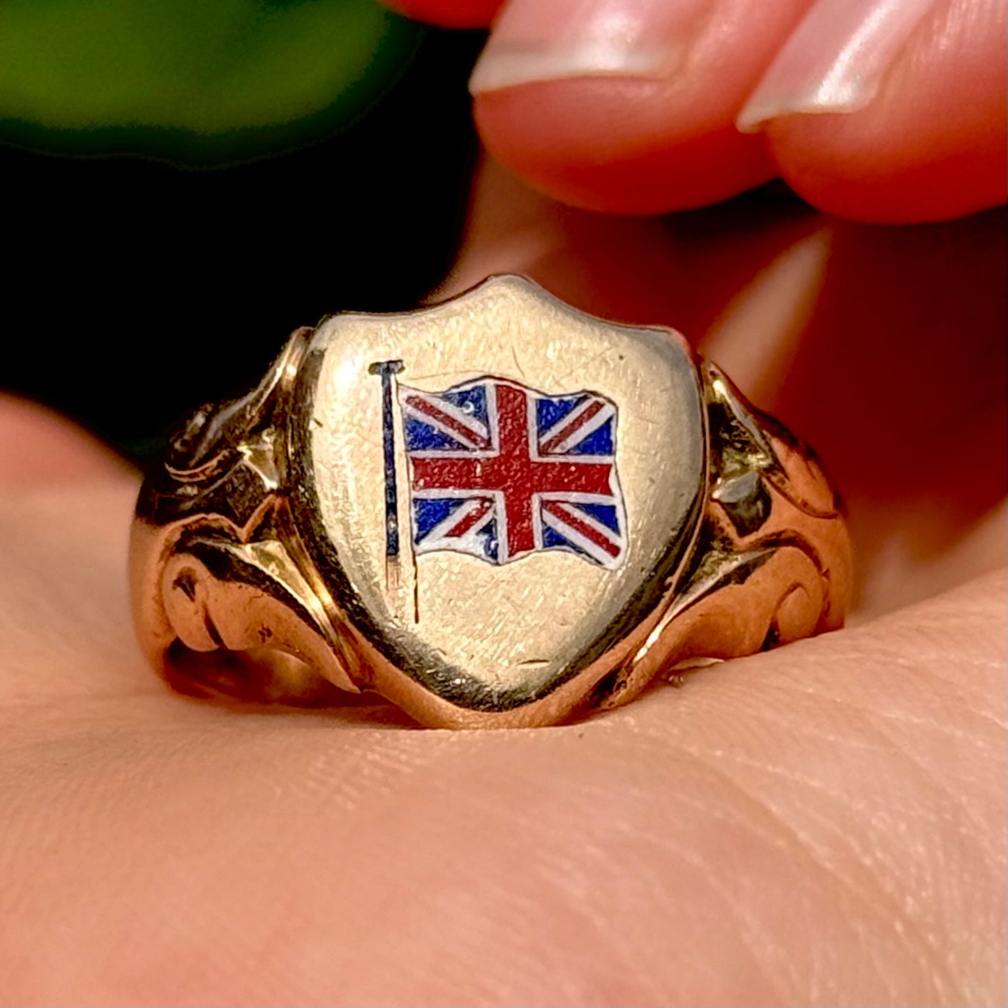 Antique First World War Enamel Signet Ring in 9 Carat Rose Gold; Circa 1914