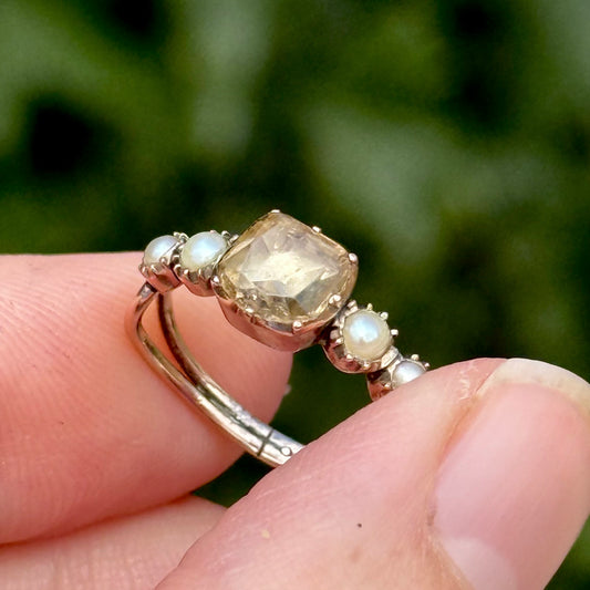 Antique Georgian Quartz & Pearl Ring in 9 Carat Gold