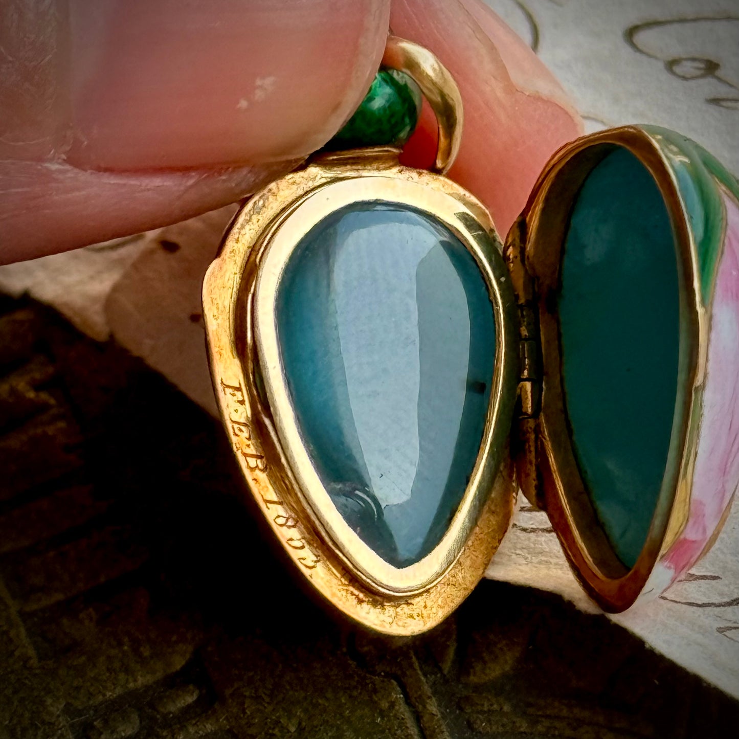 Antique French Victorian Rosebud Locket Enamel Pendant; Circa 1853