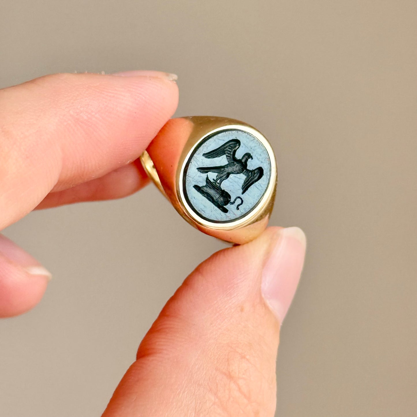 Vintage Bloodstone Intaglio Signet Ring in 9 Carat Gold; Circa 1982