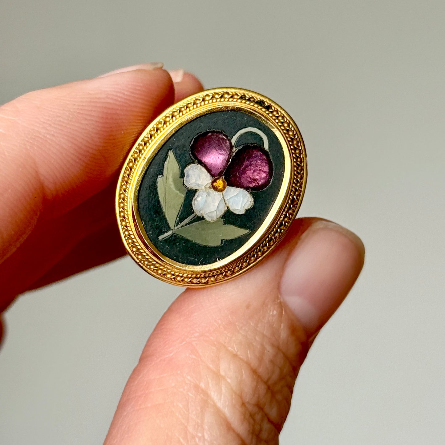 Victorian Pietra Dura Pansy Flower Ring in 9 Carat Gold