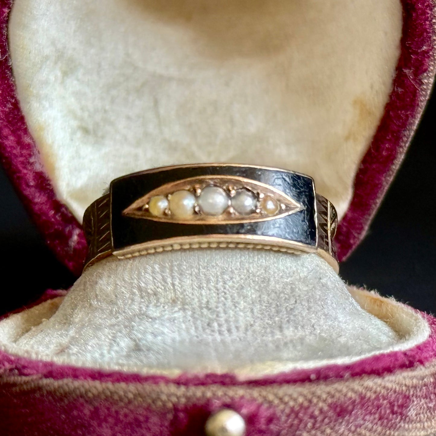 Antique Enamel & Pearl Mourning Ring in 9 Carat Gold; Circa 1906