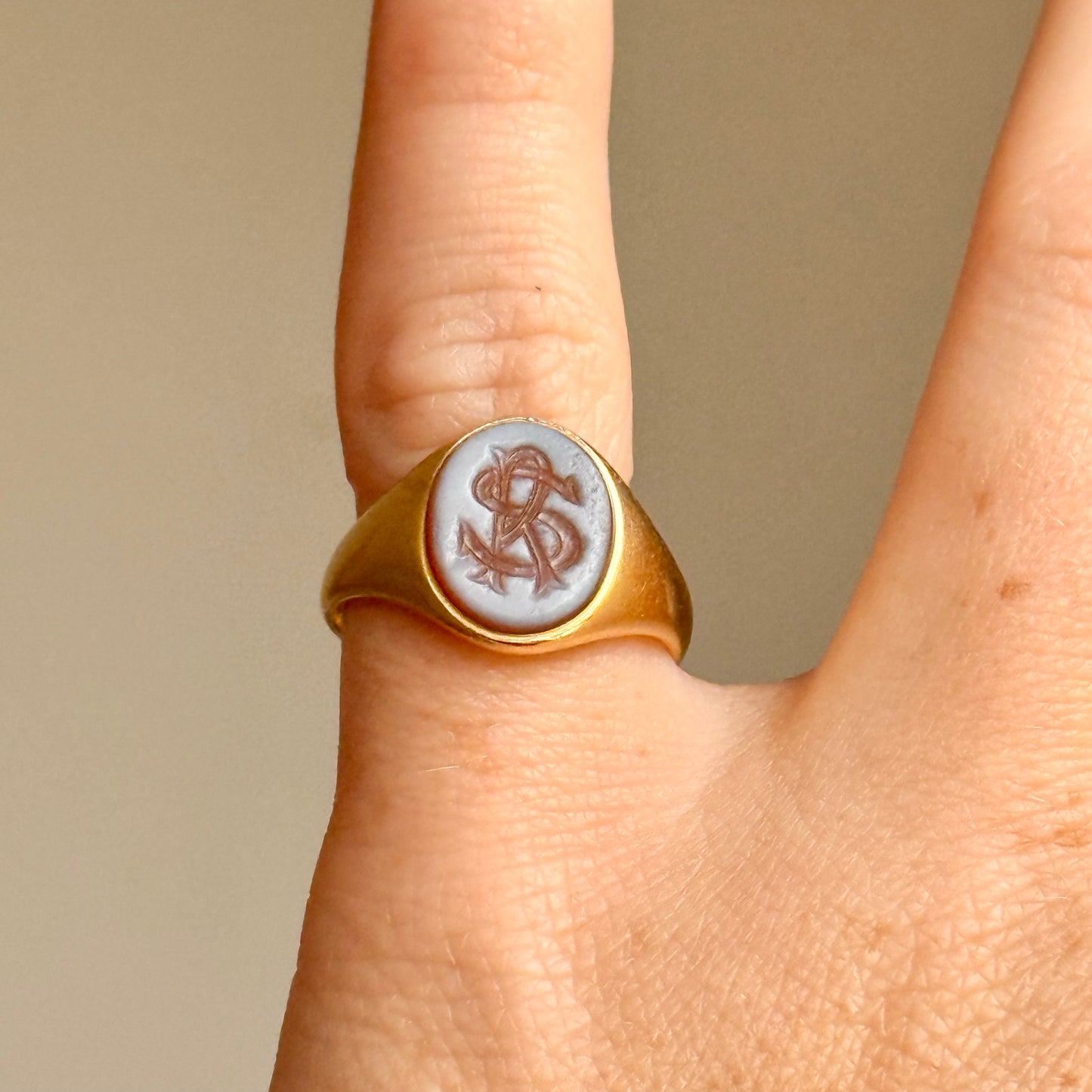 Victorian Sardonyx Signet ring in 18 Carat Gold; Circa 1868