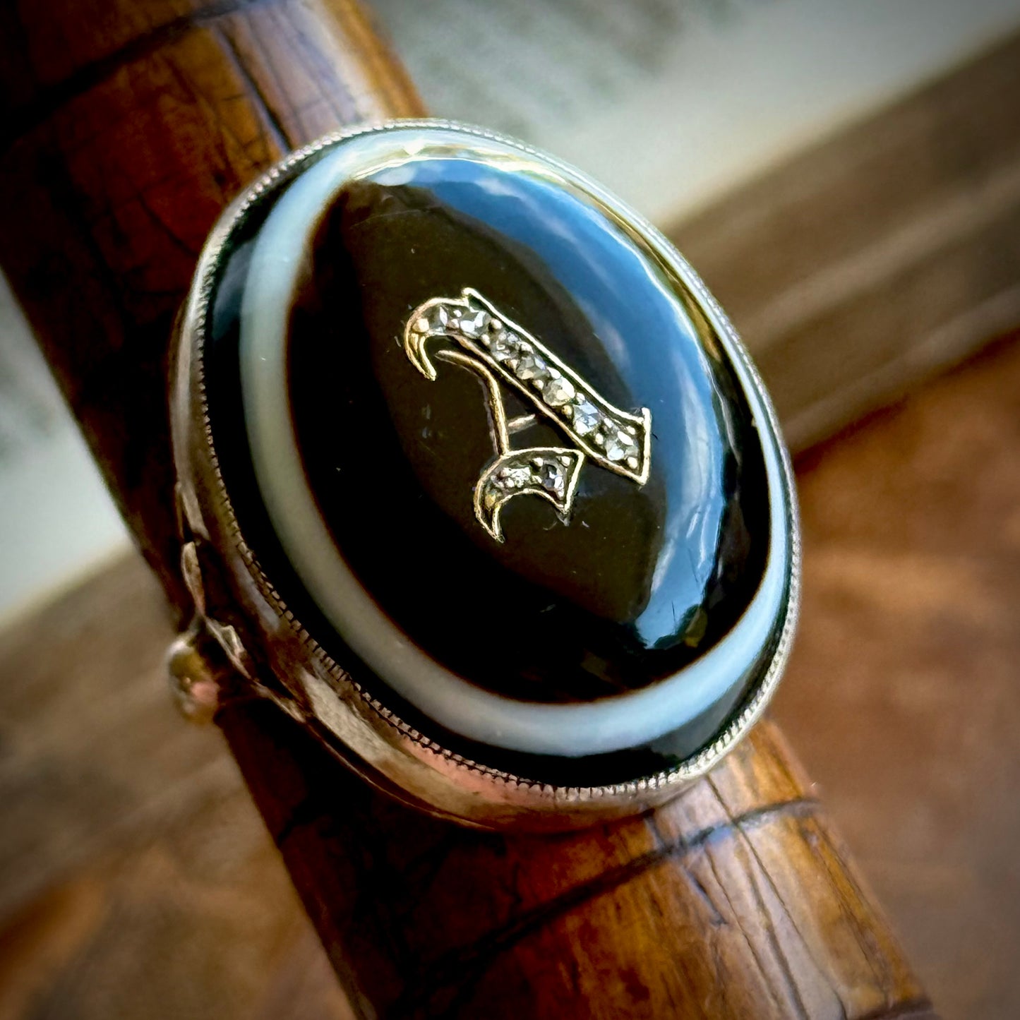 Victorian Banded Agate Diamond 'A' Ring in Sterling Silver Circa 1880