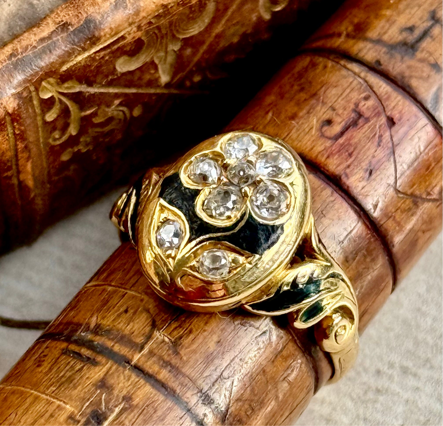 Antique Victorian Diamond Mourning Ring in 18 Carat Gold; Circa 1863