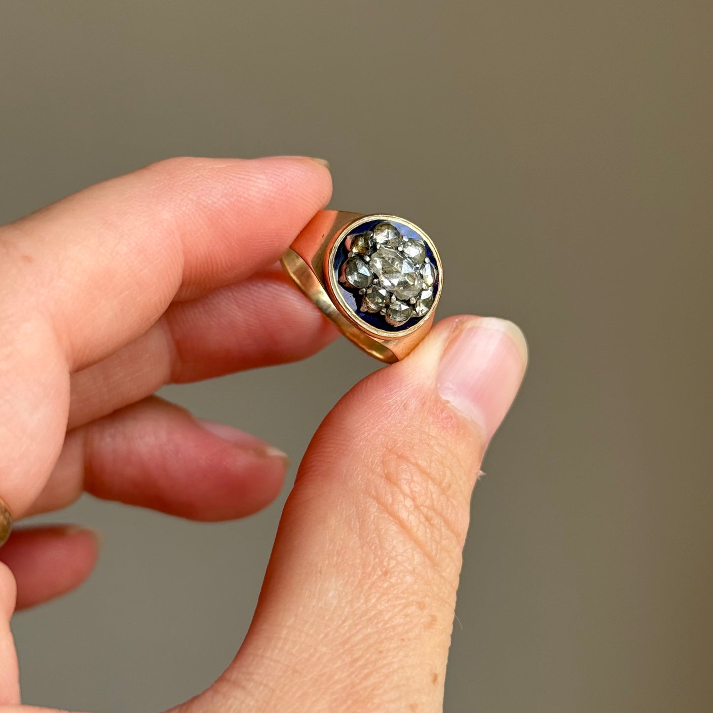 Georgian Rose Cut Diamond & Enamel Cluster Ring, Circa 1830