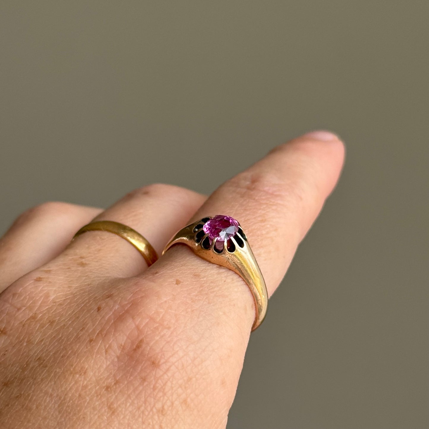 Large Old Cut Pink Sapphire Ring in 9 Carat Rose Gold; Circa 1890