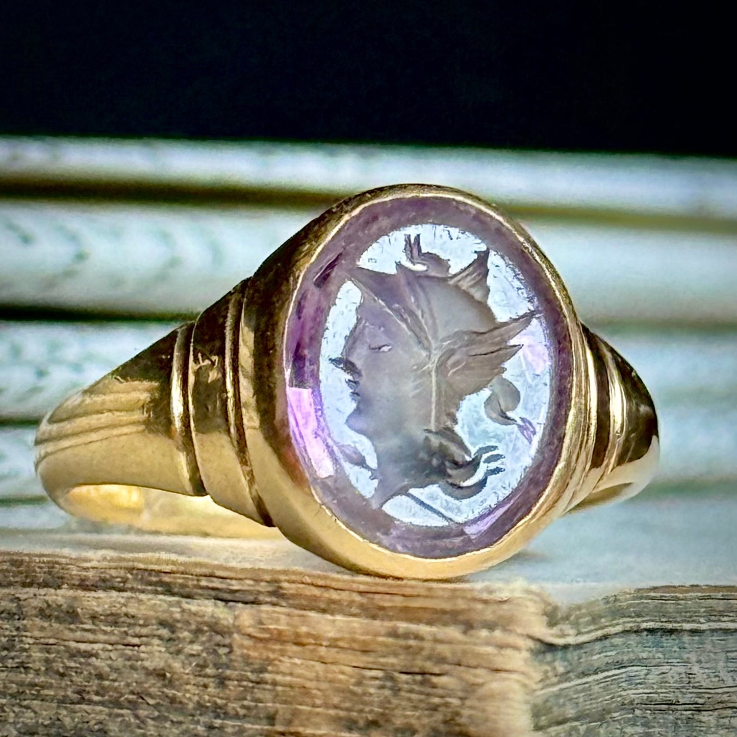 Antique Amethyst Intaglio Ring in 18 Carat Gold; Circa 1900