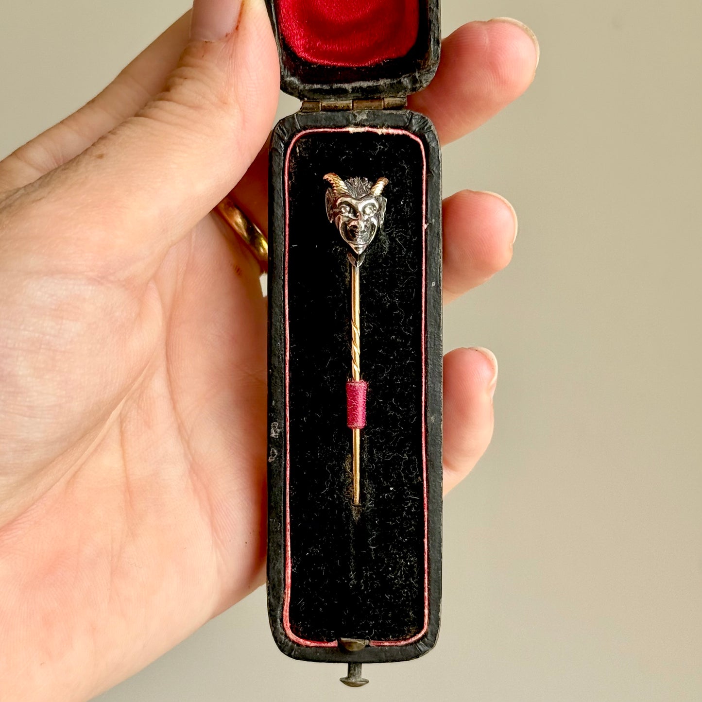 Rare Victorian Devil’s Head Tie Pin with Rose Cut Diamonds in Box Circa 1870