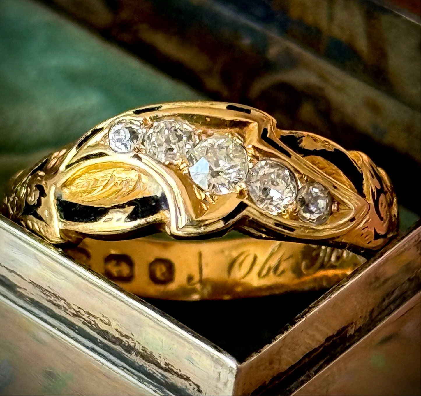 Antique Diamond & Enamel Mourning Ring in 18 Carat Gold; Circa 1879
