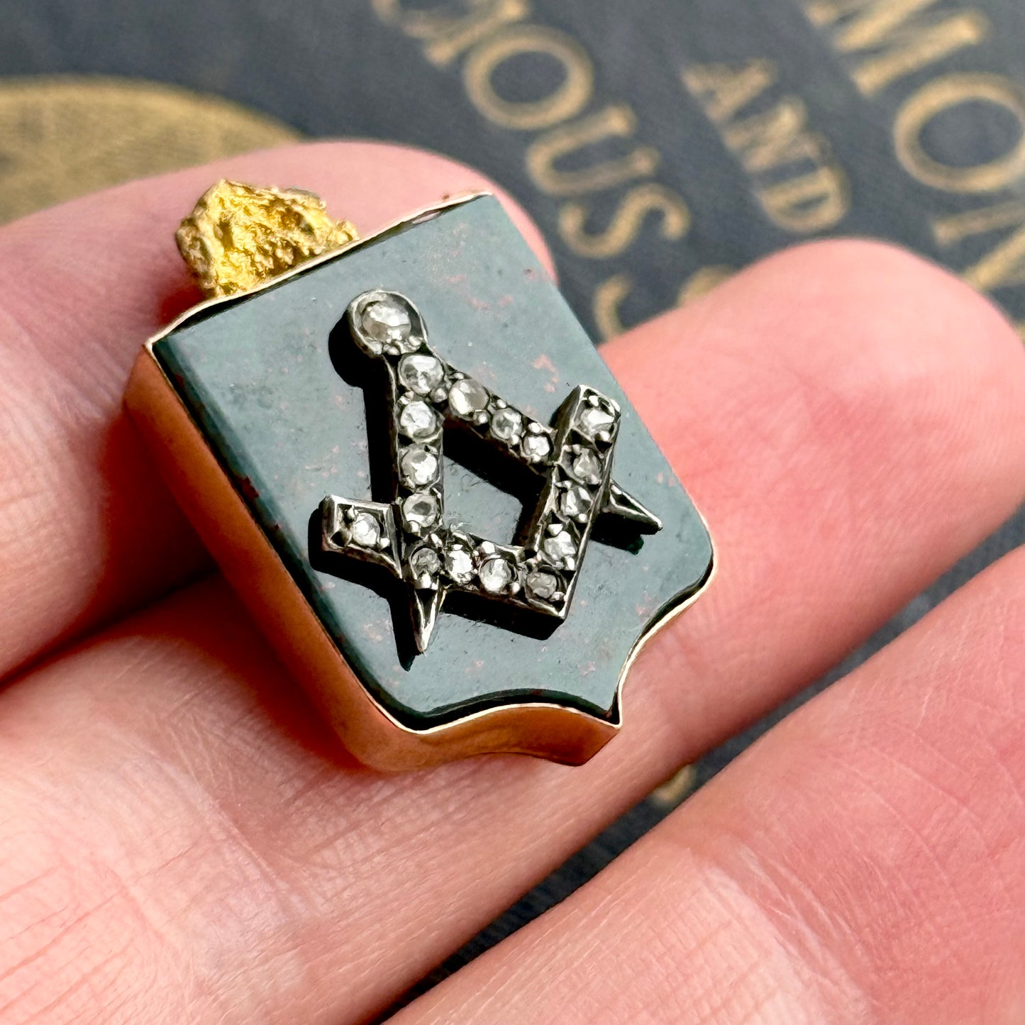 Antique Victorian Diamond & Bloodstone Shield Component; Circa 1880