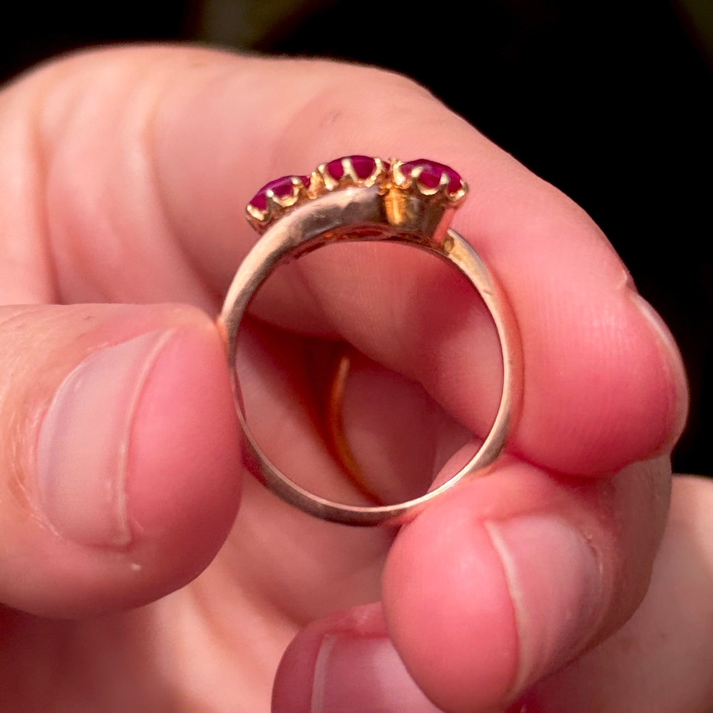 Edwardian Old Cut Ruby Trilogy in 9 Carat Gold; Circa 1910