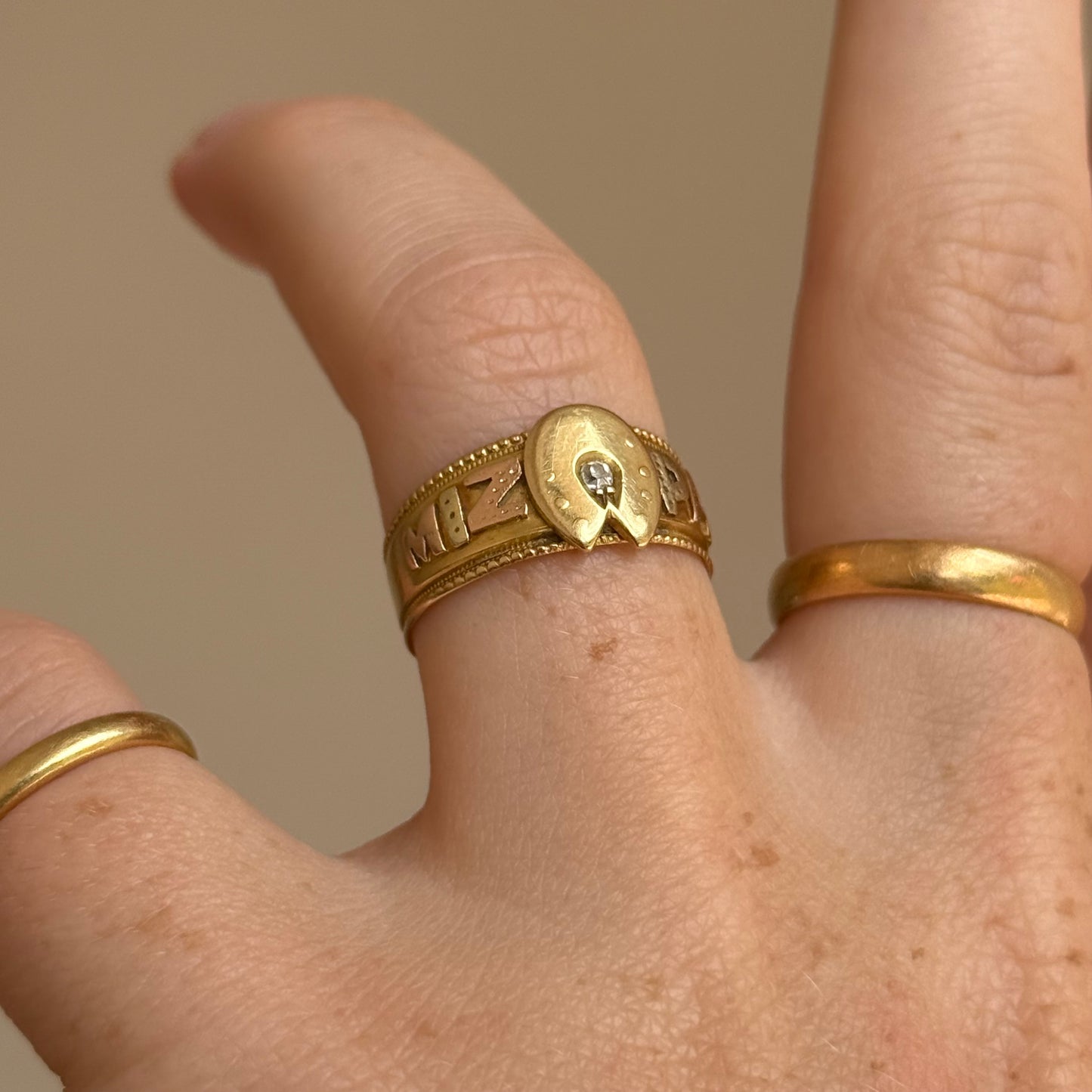Victorian Diamond Mizpah Ring in 18 Carat Gold; Circa 1886