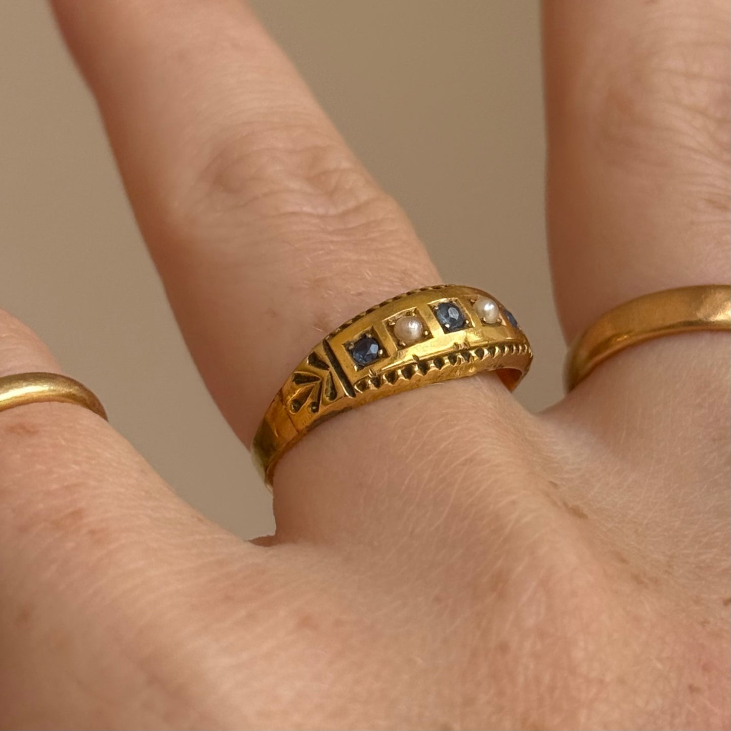 Antique Sapphire & Pearl Ring in 9 Carat Gold; Circa 1900