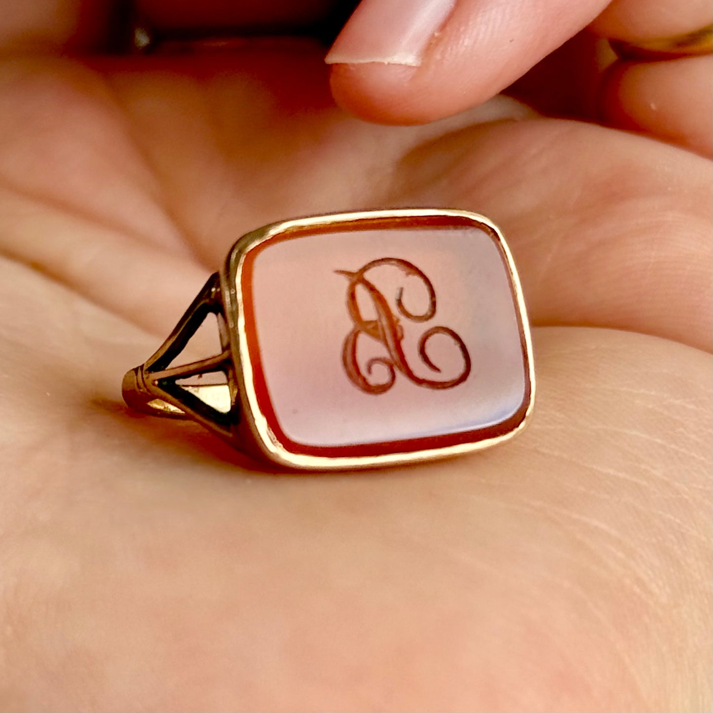 Antique Carnelian 'B' Intaglio Signet Ring in 9 Carat Gold, Circa 1880