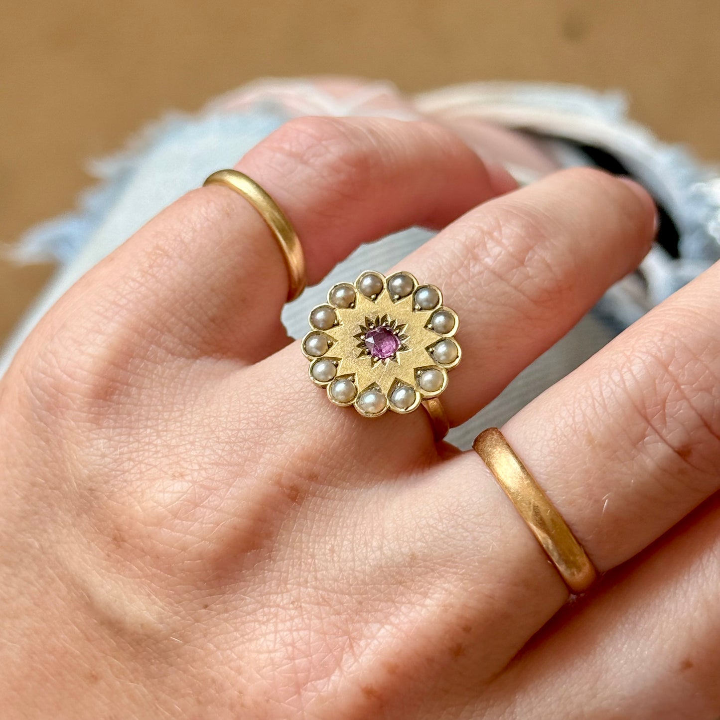 Antique Ruby & Pearl Ring in 9 Carat Gold; Circa 1900