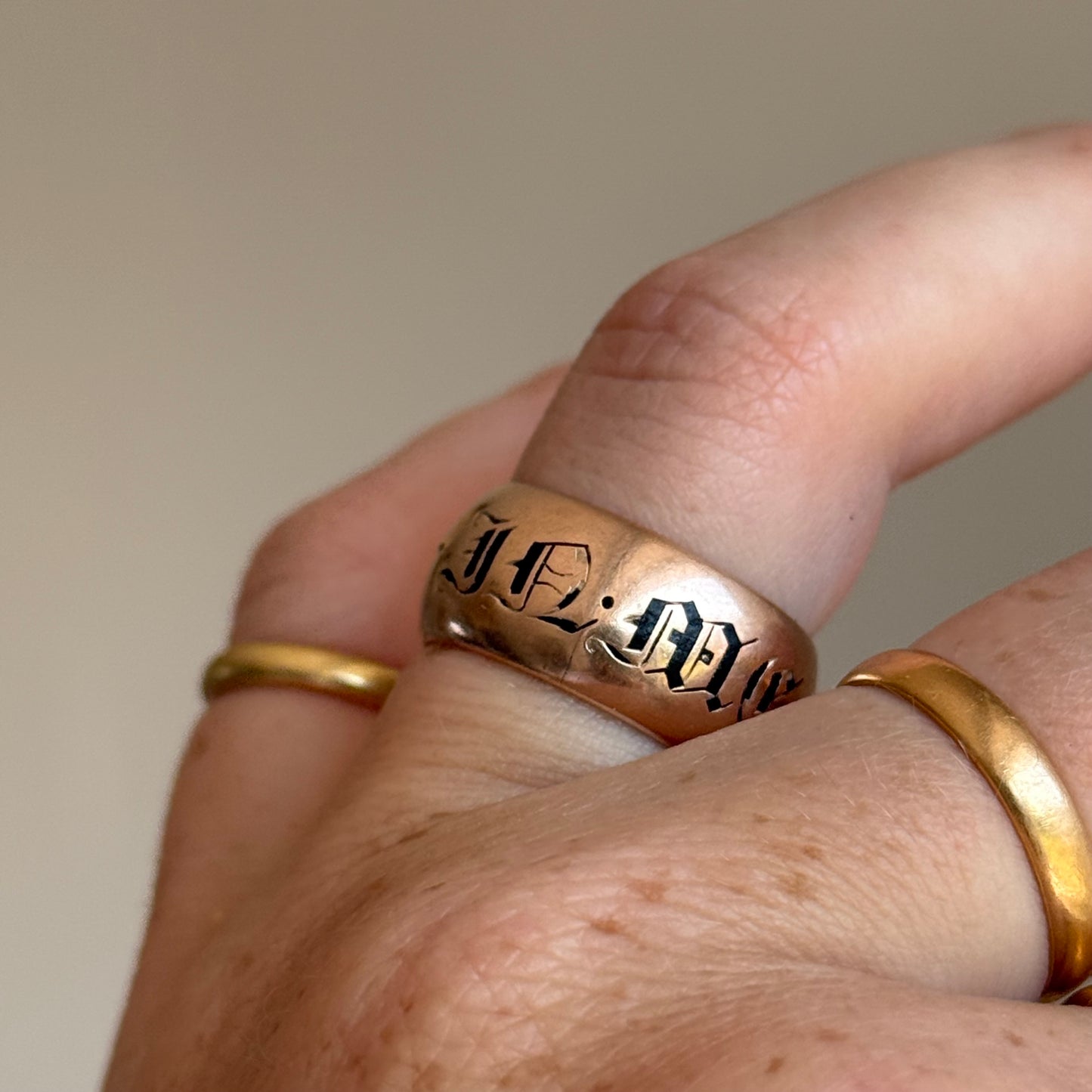 Antique Enamel Mourning Ring in 9 Carat Rose Gold; Circa 1902