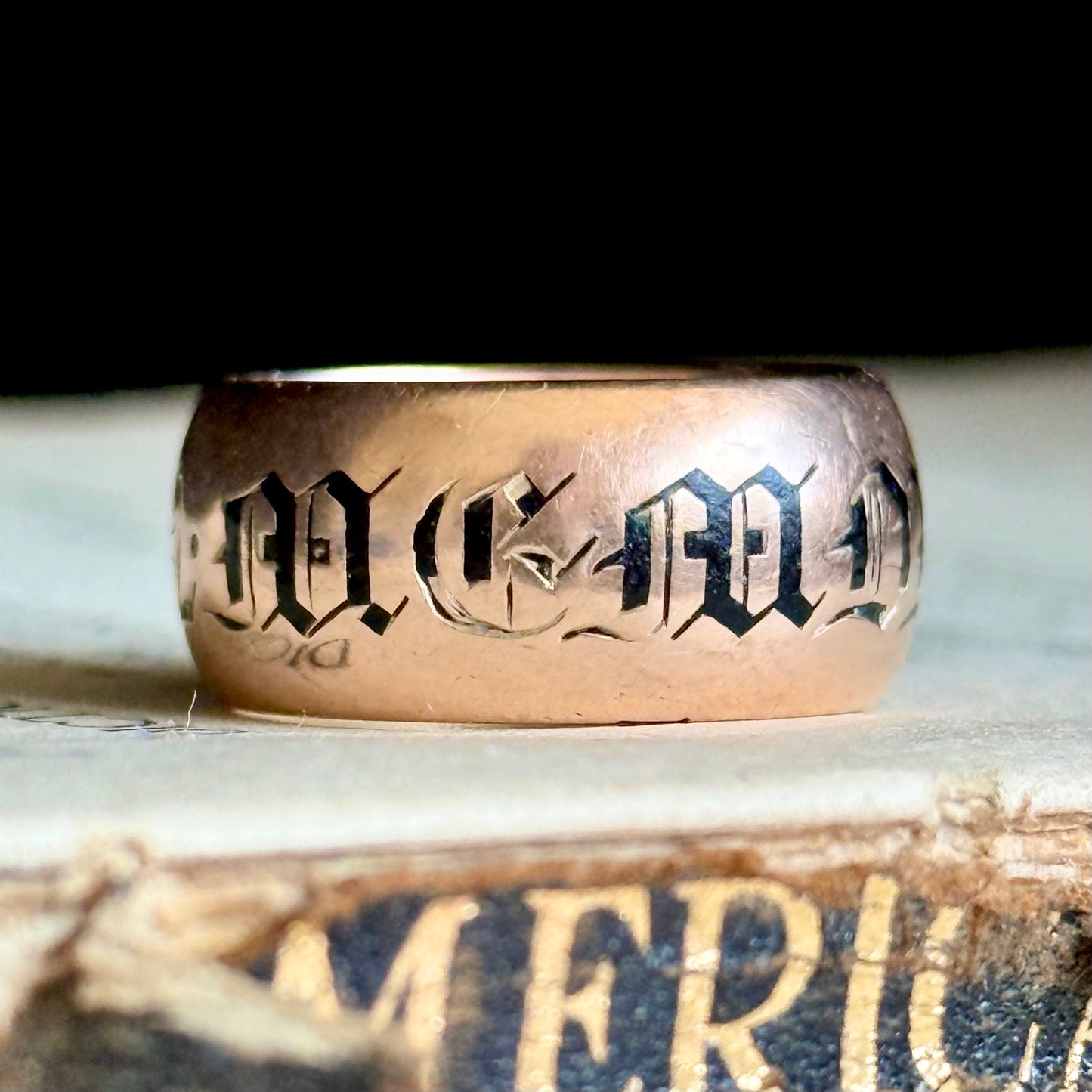 Antique Enamel Mourning Ring in 9 Carat Rose Gold; Circa 1902